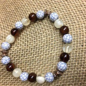 Beaded Stretch Bracelet Brown Copper Beige Blue White Crackle Round Faceted BoHo